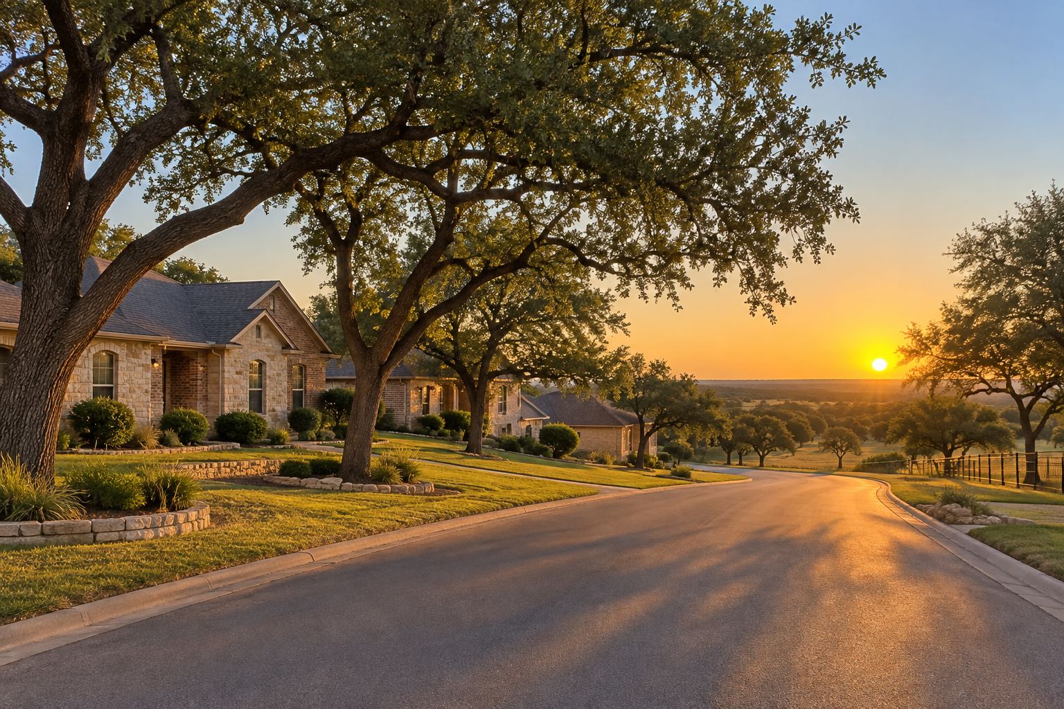 A Weatherford residential street at sunset, illustrative