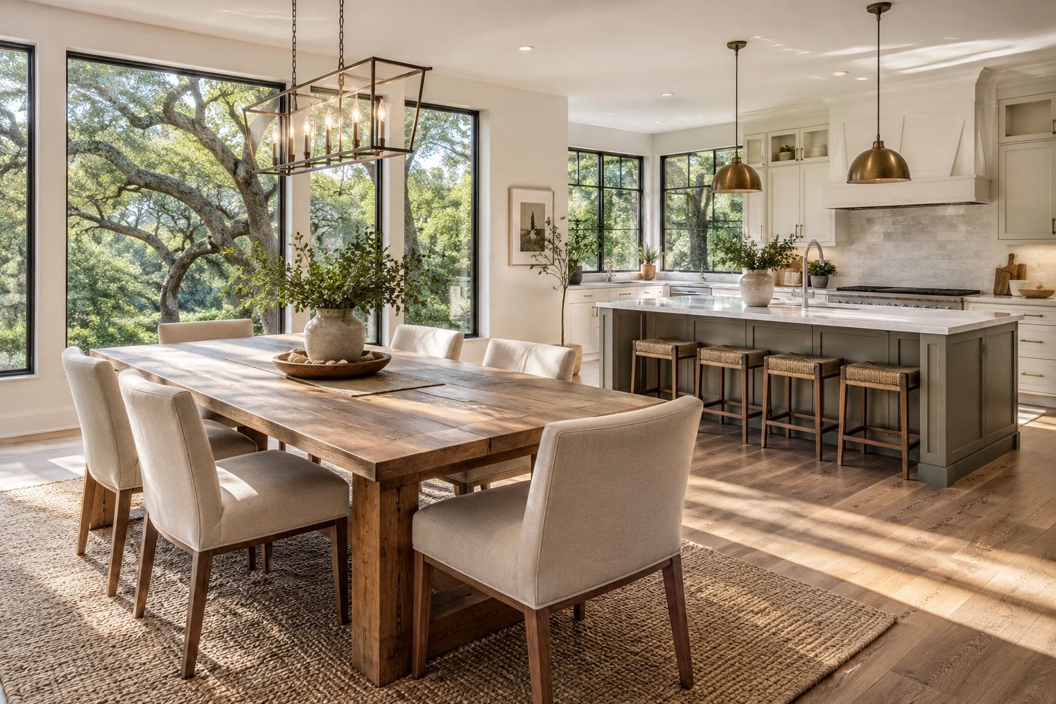 A bright dining room with oak trees outside, illustrative